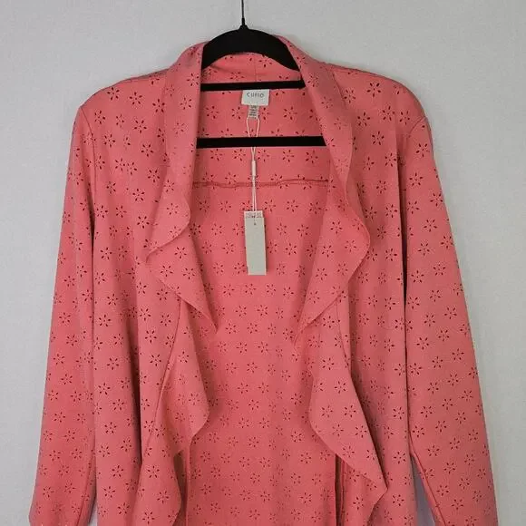 New Cupio Peach Solid Ruffle Scuba Floral Eyelet Open Front Blazer Jacket Large - Picture 10 of 15